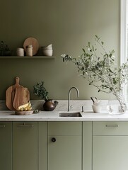 A kitchen interior features a green color scheme and some plants