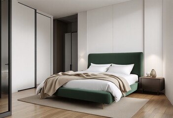 A modern bedroom with white walls and a green upholstered bed frame.