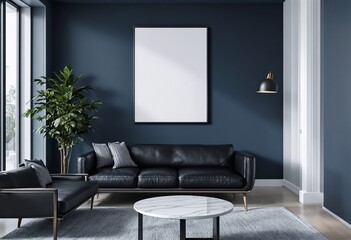 Living room with blue walls, black leather couch and marble coffee table.