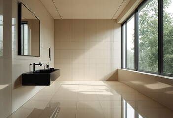 Fototapeta premium Modern bathroom with two black sinks and large windows.