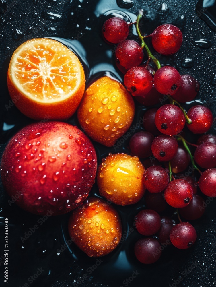 Aufkleber fresh fruits arranged attractively on a dark surface with droplets of water showcasing their vibrant