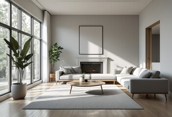 A modern minimalist living room with white walls and hardwood floors featuring two light gray couches, three potted plants, and a fireplace.