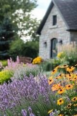 Vibrant garden in full bloom near a charming stone cottage surrounded by lush greenery and colorful flowers in late spring sunlight