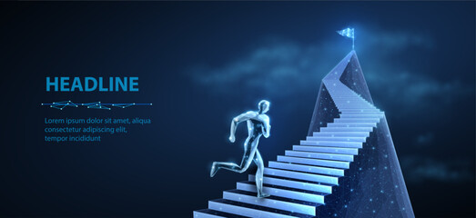 Man running up the stairs. Career path, digital technology, step to success, business growth.