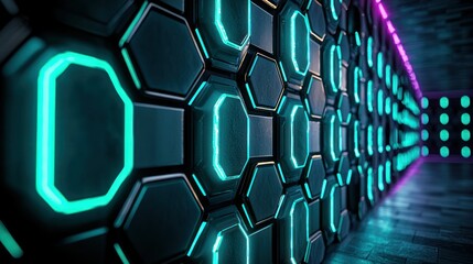 Luminous hexagonal grid design with neon lighting. Perspective view