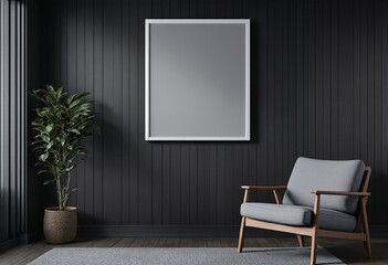 A minimalist living room with dark gray paneled walls and a wooden chair is shown, featuring a large empty picture frame on the wall above it.