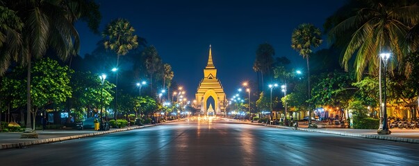 Vientiane, Laos – A serene night view of Vientiane’s Patuxai monument, softly illuminated with surrounding lights and a quiet street