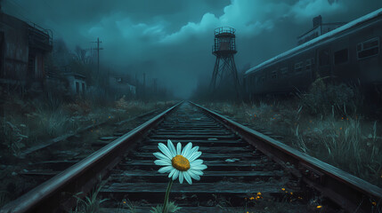 A luminescent daisy adorns a forgotten train track, its petals faded like memories amidst the desolate allure of overgrown weeds and rusty metal. Forgotten - Tower. Illustration