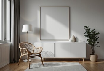 A minimalist living room with white walls and furniture features a large empty picture frame above a sideboard against an off-white wall.