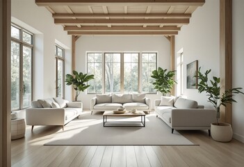 Modern minimalist living room with white couches and wooden floors.