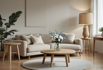 A modern minimalist living room with white walls and furniture, featuring a beige couch, round coffee table on a gray rug, lamp, side tables, large plant, and blue and white flower bouquet.