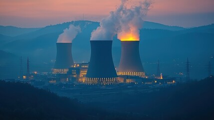 Futuristic nuclear power plant glowing at dusk surrounded by misty mountains high-tech cooling towers releasing steam cinematic lighting ultra-realistic details