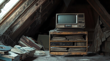 A weathered and dusty dvd player abandoned in an attic, with cobwebs and a stack of forgotten discs nearby. Forgotten - Tower. Illustration