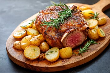 Succulent roasted meat rests on a wooden cutting board, surrounded by perfectly cooked golden potatoes and garnished with fresh rosemary, showcasing a warm, inviting meal
