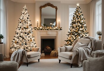 A cozy living room decorated with two Christmas trees and a fireplace.
