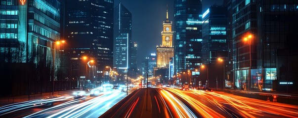 Warsaw at night with the Palace of Culture and Science illuminated, surrounded by modern skyscrapers and light trails from cars on busy streets