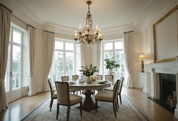 Dining Room with Elegant Round Table and Chandelier.