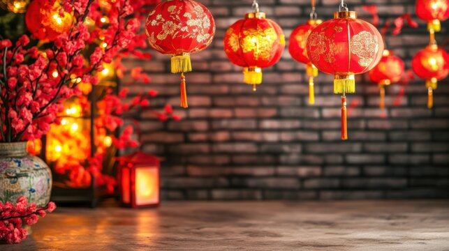 Beautiful Red Lanterns with Cherry Blossoms and Brick Wall Background