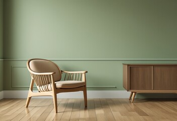 A mid-century modern style chair and wooden credenza are situated against a green wall in a room with hardwood floors.