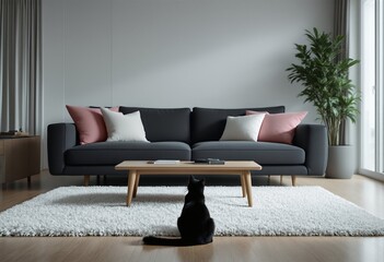 A black cat sitting on a rug in front of a couch.