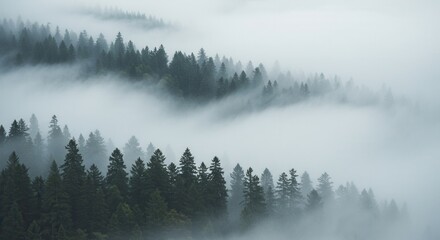 Fototapeta premium Fog Shrouded Forest Landscape with Evergreen Trees and Misty Atmosphere