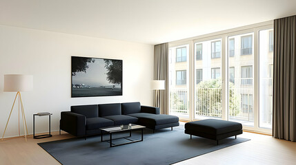 Fototapeta premium Modern Minimalist Living Room Interior With A Dark Sofa And City View Through Large Windows With Natural Light Optimized For Adobe Stock Photo