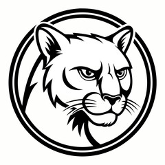 Obraz premium an illustration of a cougar mascot head in a circle, a black and white design. The cougar has a stern expression and the circle adds a sense of focus. vector cartoon illustration