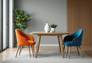 A dining room with two chairs and a table, featuring wooden floors and gray walls.