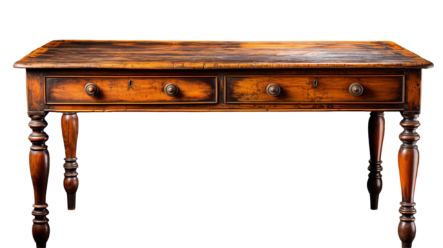 Mahogany Writing Desk Vintage Two-Drawer Design, Elegant Home Office Decor, isolated on transparent background.
