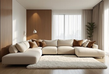 A modern living room with a white couch and rug on a light-colored wooden floor.