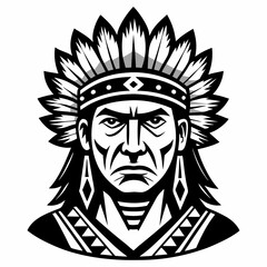a Native American chief with a feathered headdress, captured in a striking black and white, looking serious, vector illustration
