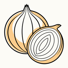 an illustration of a fresh onion, whole and sliced, with detailed lines and bright colors 