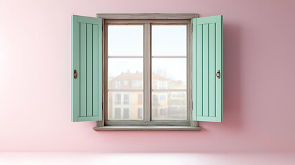 Open Green Window With View Of Buildings In Pink Room With Pastel Colors Modern Minimalist Interior Design Architecture And Home Decor Showing Hope