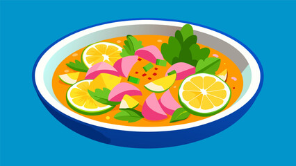 Vibrant ceviche made with chunks of salmon mixed with a refreshing blend of orange juice cilantro and thinly sliced radishes.. Vector illustration