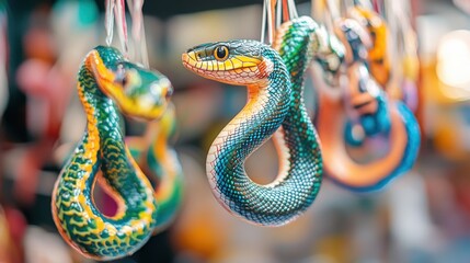 Obraz premium Colorful Craft Snake Toys Hanging at a Market Stall