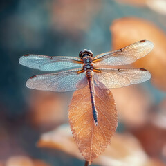 Dragonfly perched on autumn leaf