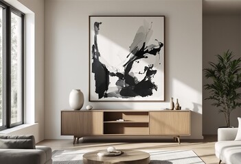 Minimalist living room with large abstract painting on wall above light wood credenza.
