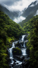 Obraz premium Majestic Waterfall Cascading Over Mossy Rocks 