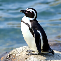 Fototapeta premium Humboldt penguin (Spheniscus humboldti) on a rock on the edge of the water.