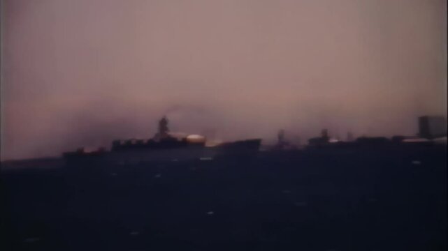A dark sky with a mountain and Ceuta in the background. Vintage 60