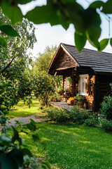 Fototapeta premium A cozy wooden house nestled among lush fruit trees radiates warmth, inviting quiet moments in a serene garden, filled with natural beauty and tranquility