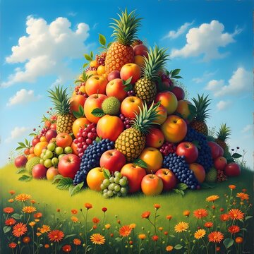 Monta&ntilde;a de frutas en un campo con flores. Pi&ntilde;as, manzanas, naranjas y uvas.