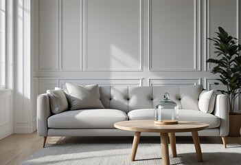 A modern living room with a light gray couch and coffee table.