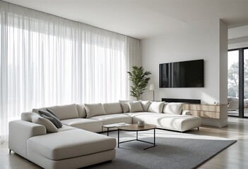 A modern living room with white sectional sofa and wooden floors.