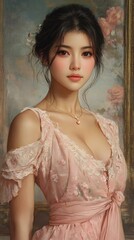 Naklejka premium A captivating portrait of a young woman in a delicate pink dress, featuring soft floral accents and romantic vibes, set against an artistic background.