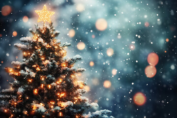 Naklejka premium Christmas tree with holiday decorations and sparkling lights