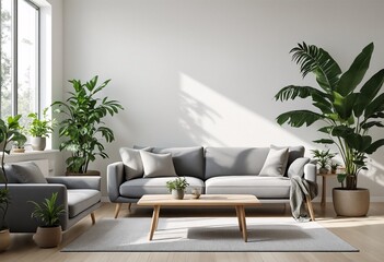 A modern minimalist living room with gray couches and wooden furniture.