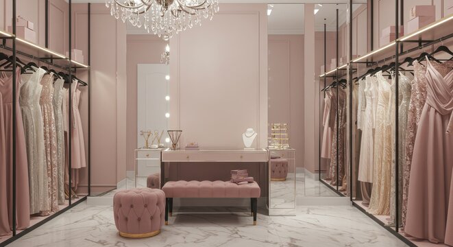 Dresses Displayed in Elegant Boutique Wardrobe with Pink Decor and Jewelry - Powered by Adobe