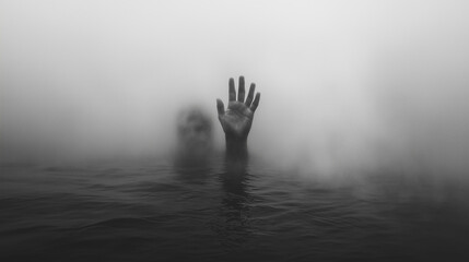 hand put of water in foggy lake, black and white photo