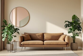 The sun shines through the window of an empty living room with beige walls and a tan couch.